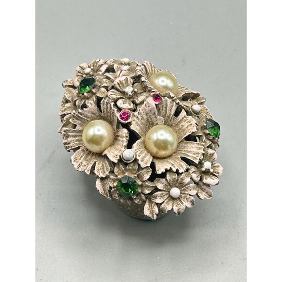 Vintage Florenza Small Enameled Trinket Box Basket of Flowers Rhinestones Pearls - Picture 11 of 14